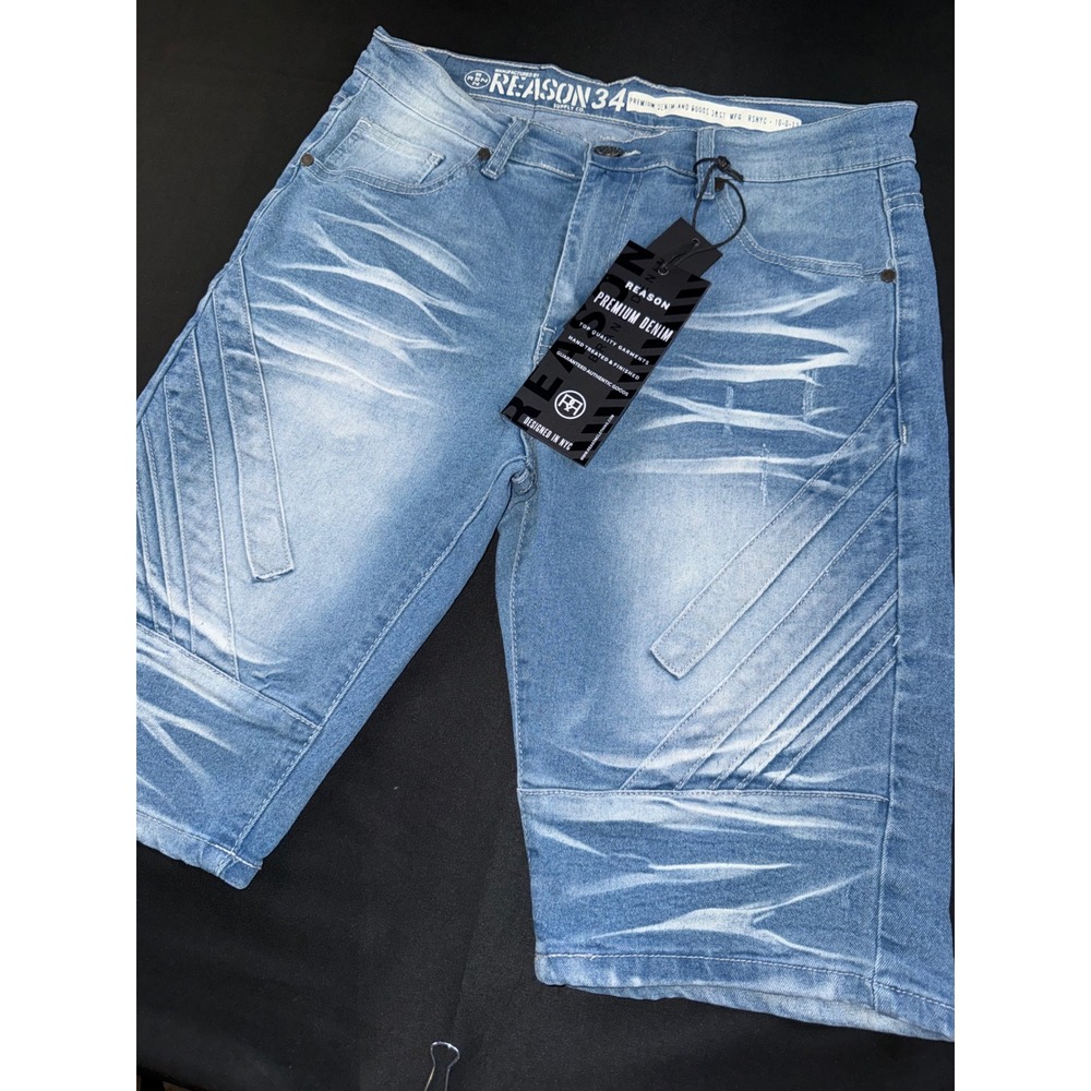Reason Clothing Mens Moto Denim Shorts Light Wash Blue Stretch Size 34 NWT